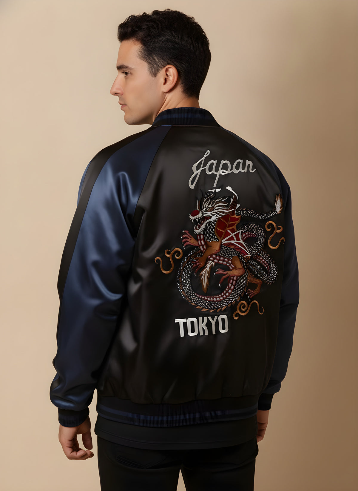 Tokyo Dragon Embroidered Souvenir Jacket in Navy, back view on model