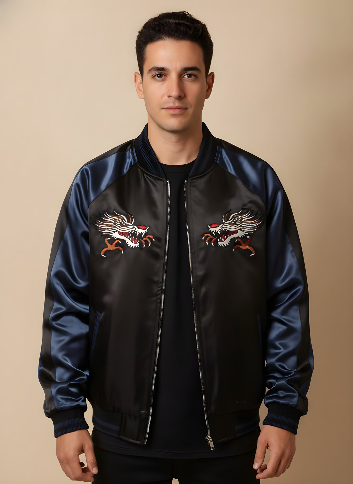 Tokyo Dragon Embroidered Souvenir Jacket in Navy, front view on model