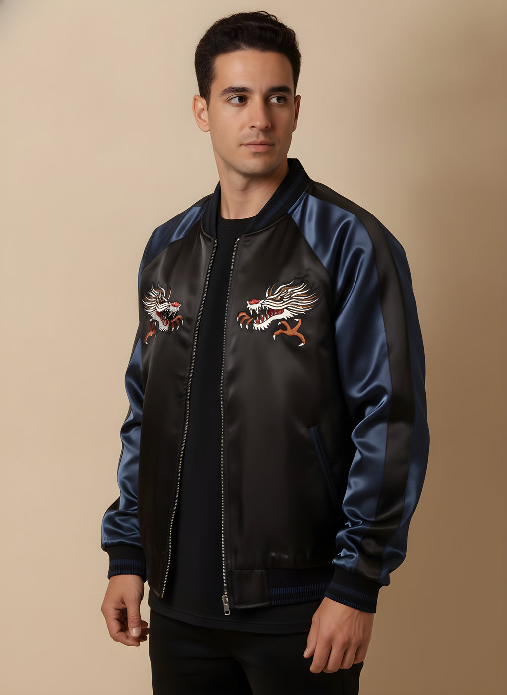 Tokyo Dragon Embroidered Souvenir Jacket in Navy, side view on model
