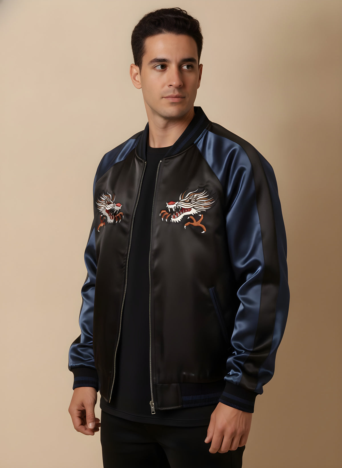 Tokyo Dragon Embroidered Souvenir Jacket in Navy, side view on model