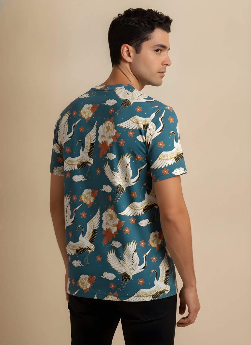 Flying Cranes Print T-Shirt for Adults & Kids, back view on model