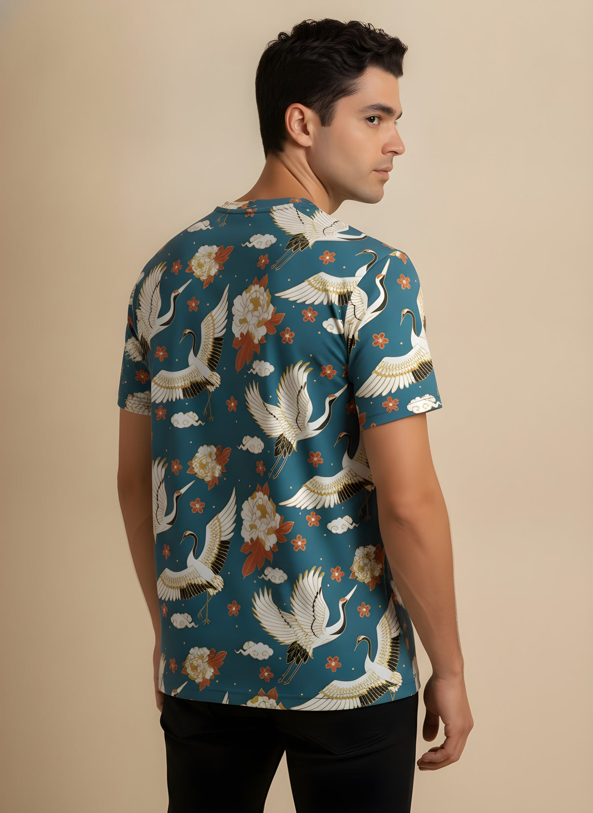 Flying Cranes Print T-Shirt for Adults & Kids, back view on model