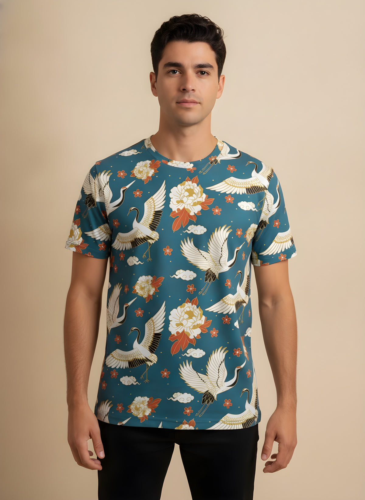 Flying Cranes Print T-Shirt for Adults & Kids, front view on model