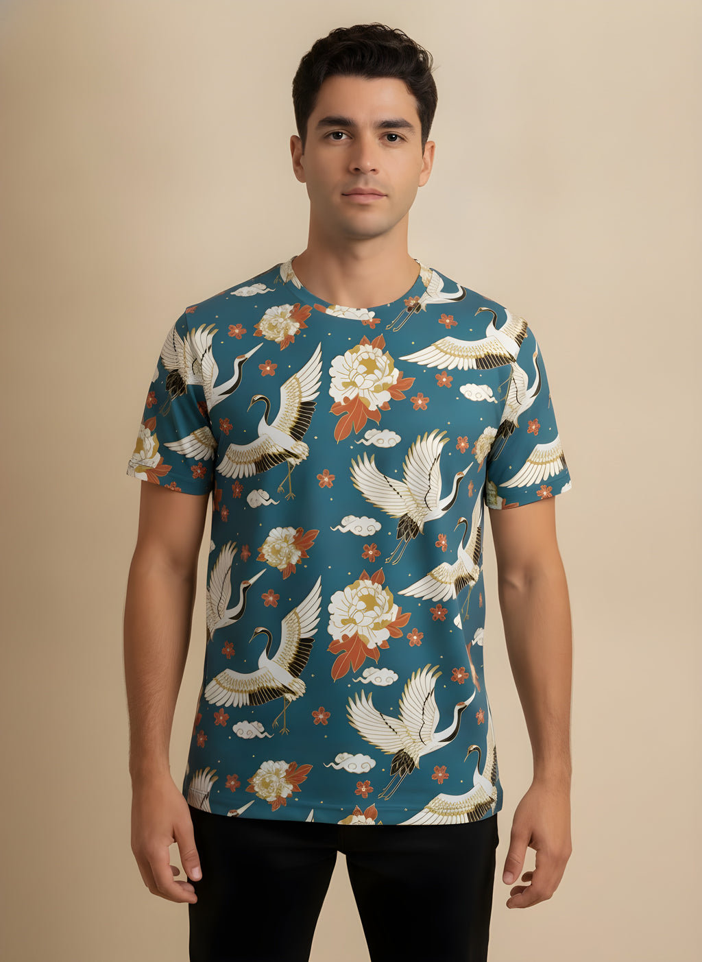 Flying Cranes Print T-Shirt for Adults & Kids, side view on model