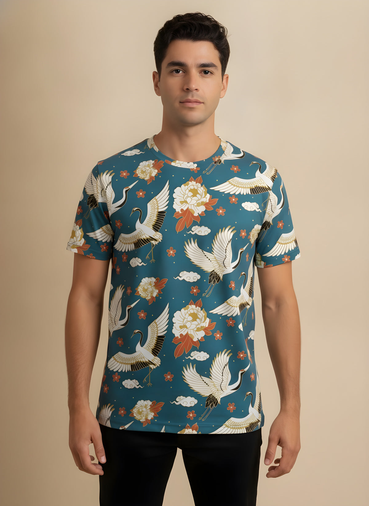 Flying Cranes Print T-Shirt for Adults & Kids, side view on model