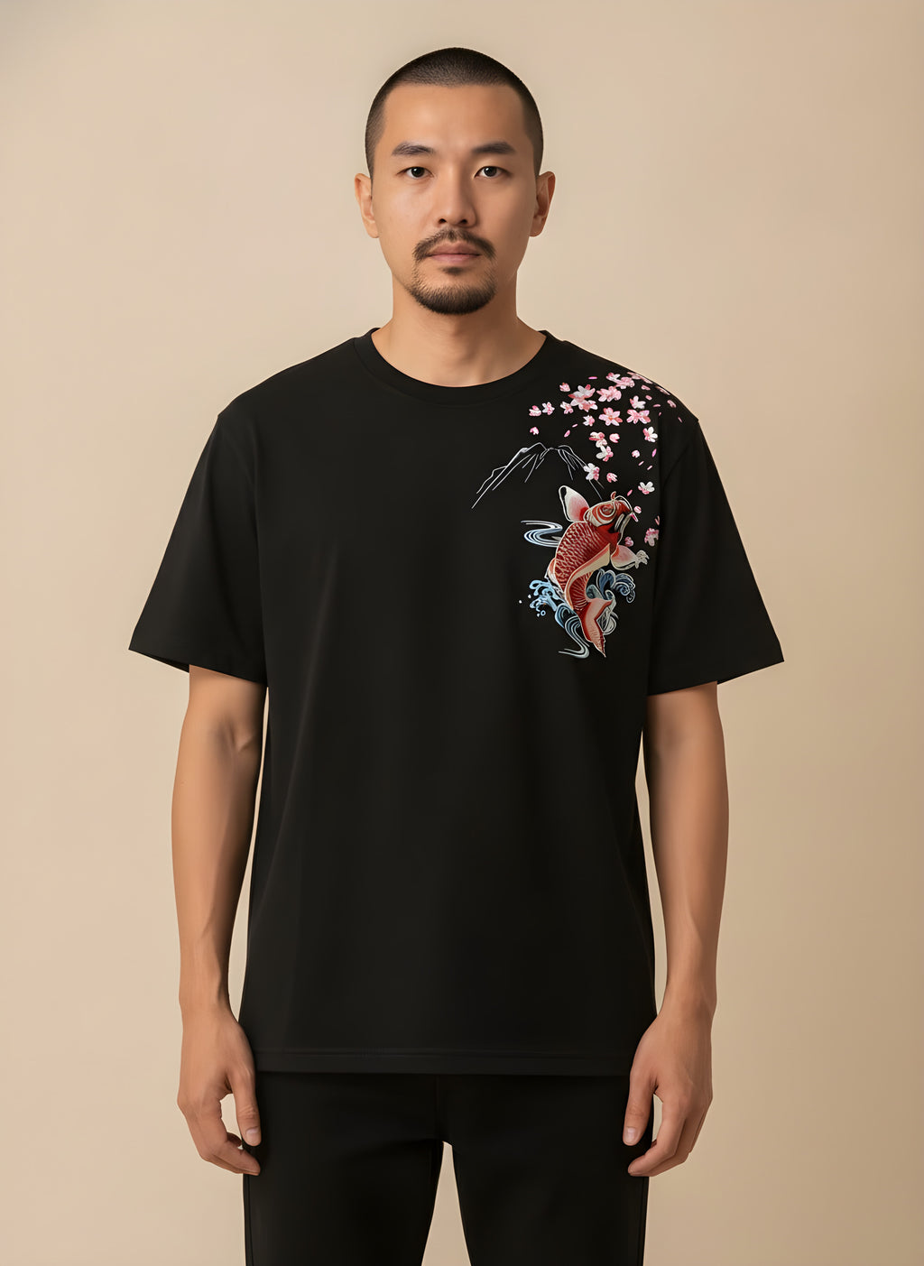 Embroidered Koi Fish T-Shirt, front view on model