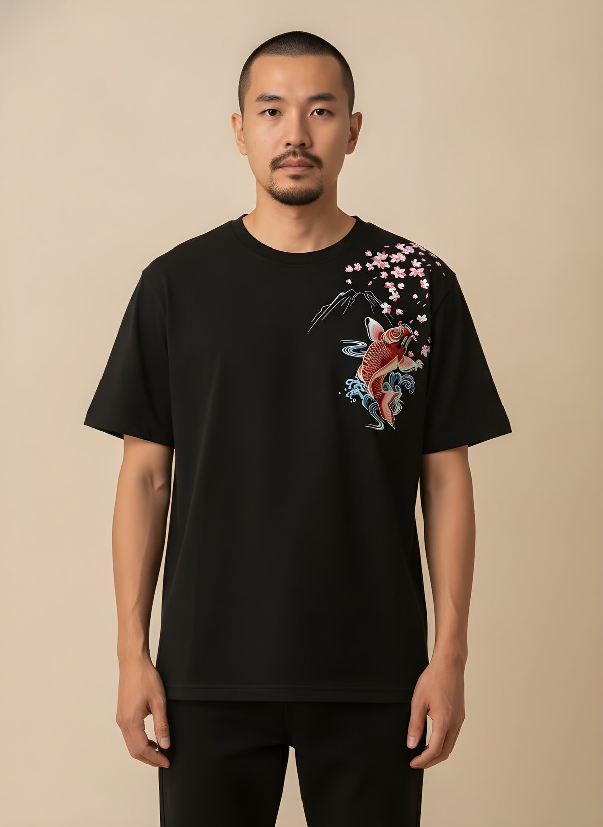 Embroidered Koi Fish T-Shirt, front view on model