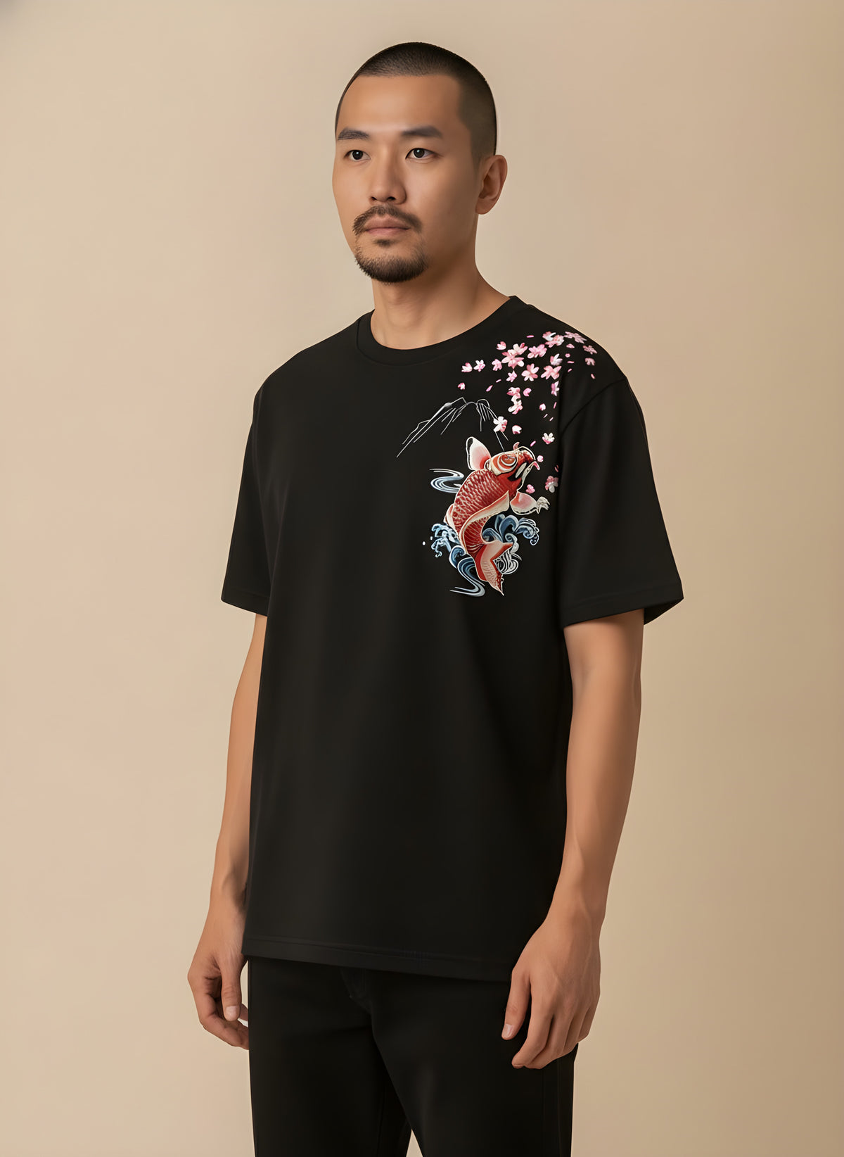 Embroidered Koi Fish T-Shirt, side view on model
