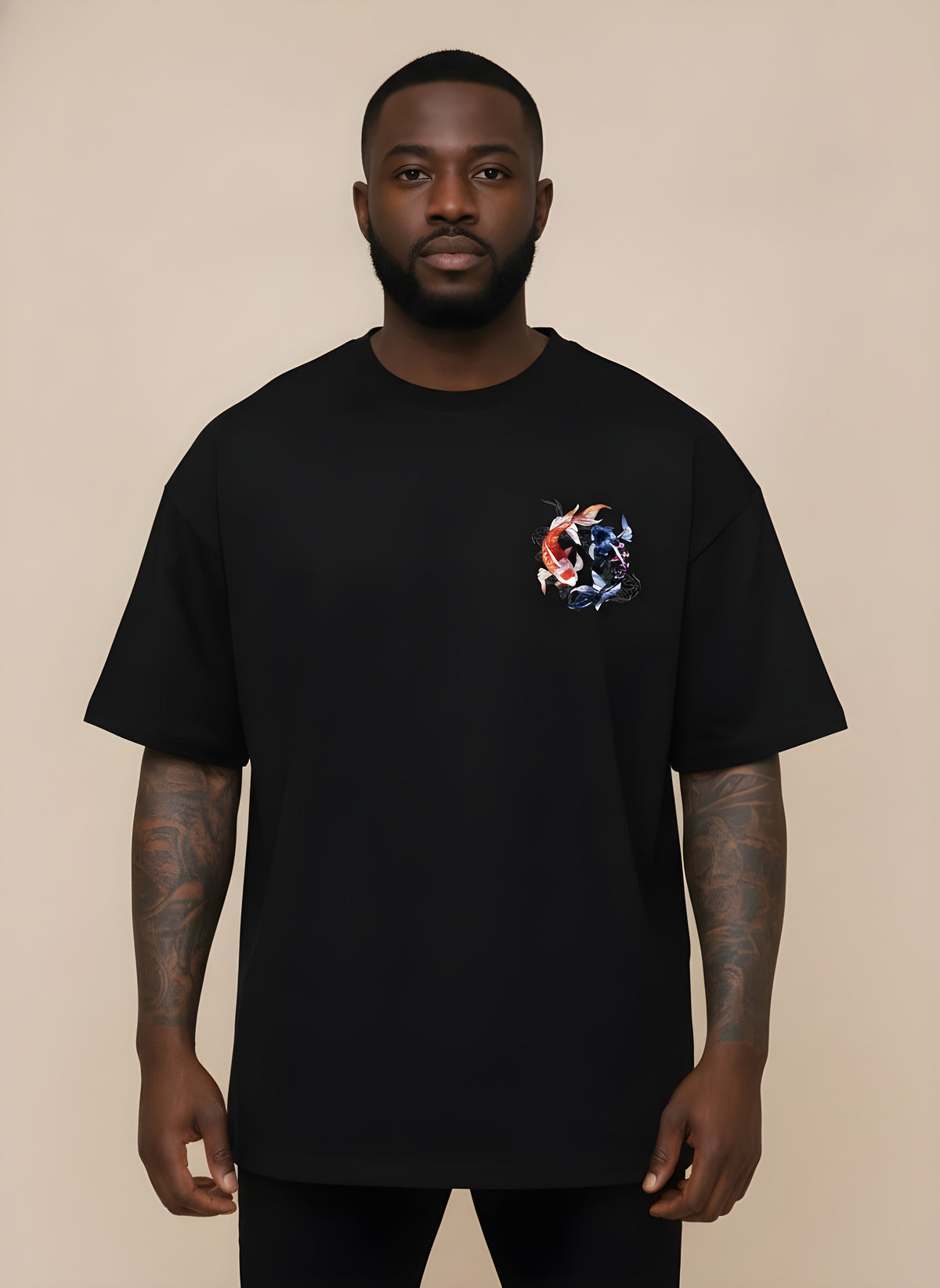 Koi Print Cotton T-Shirt, front view on model