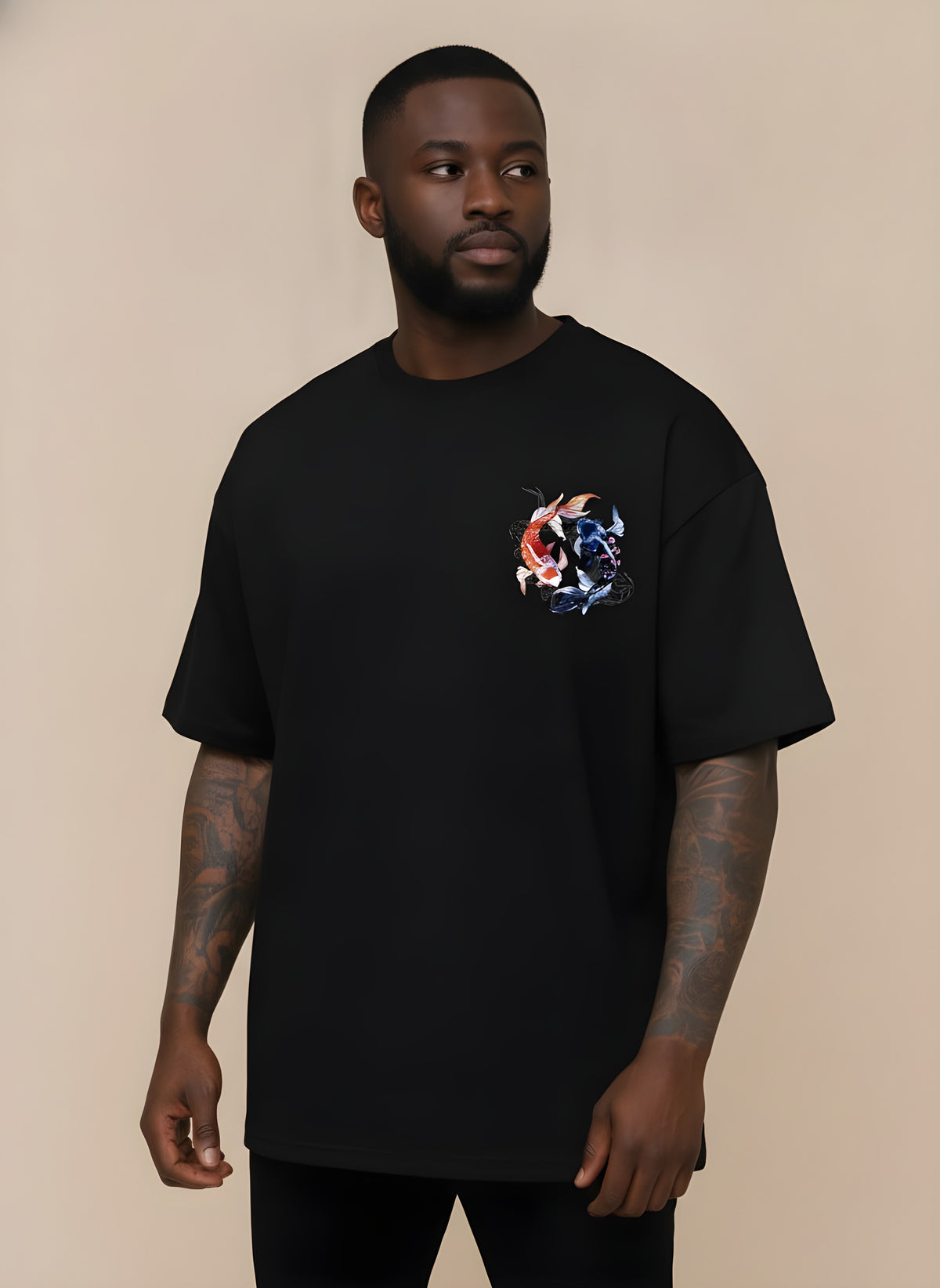 Koi Print Cotton T-Shirt, side view on model