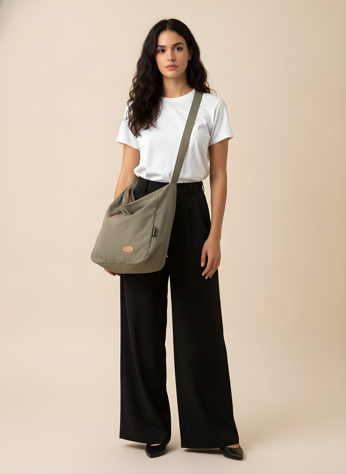Large Japanese-Style Shoulder Bag carried by model