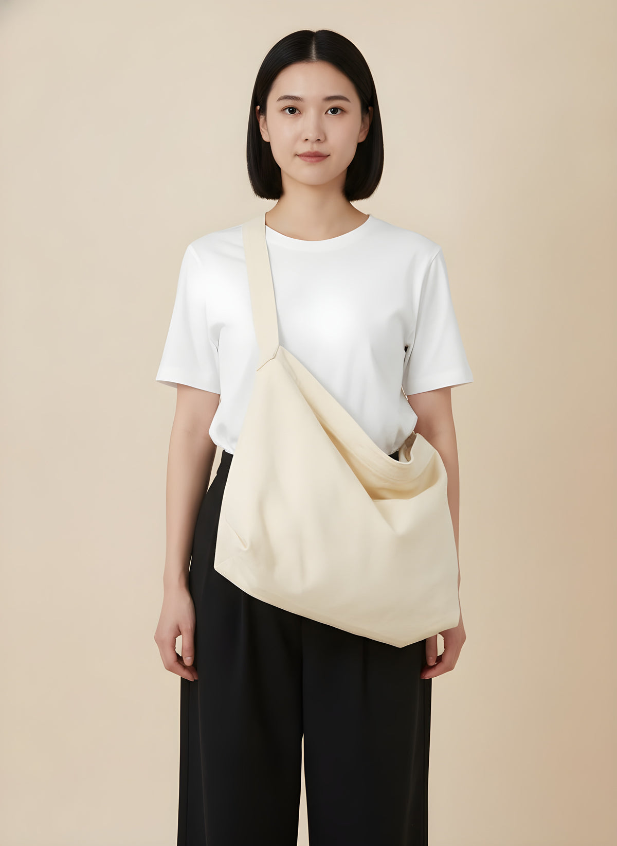 Japanese-Style Canvas Crossbody Bag carried by model