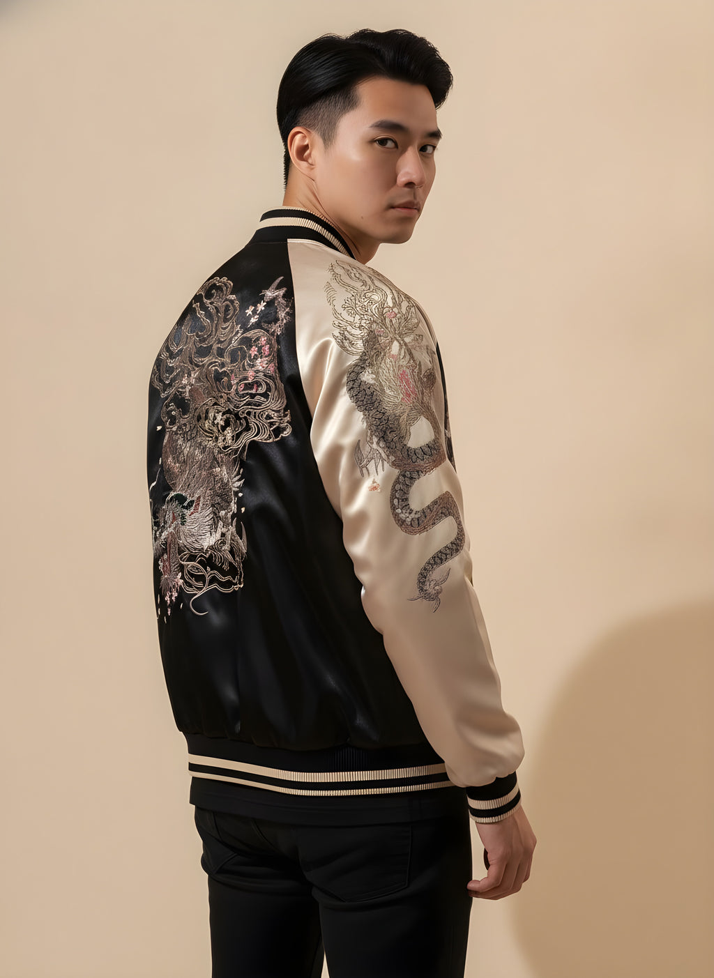 Classic Dragon Sukajan Jacket in Beige, back view on model