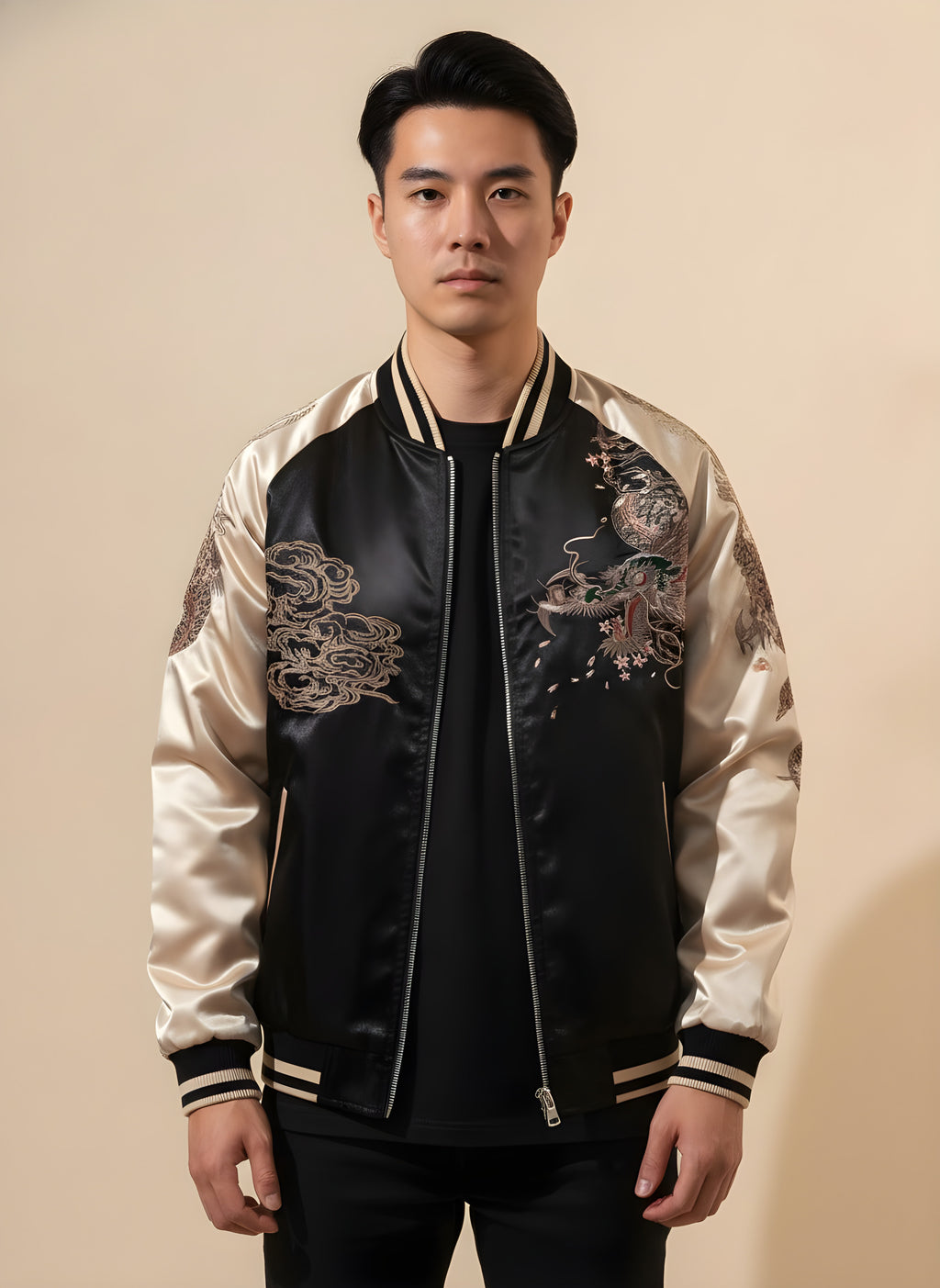 Classic Dragon Sukajan Jacket in Beige, front view on model