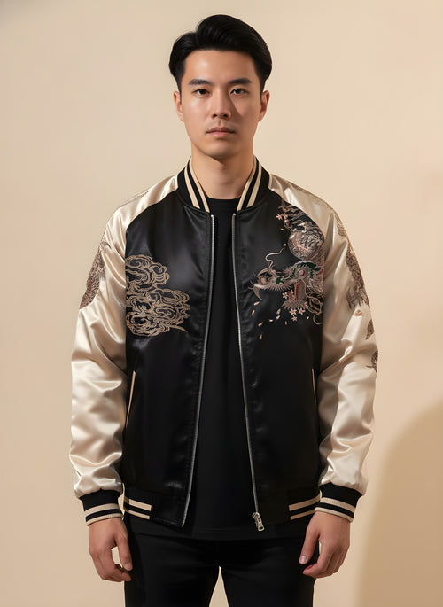 Classic Dragon Sukajan Jacket in Beige, front view on model