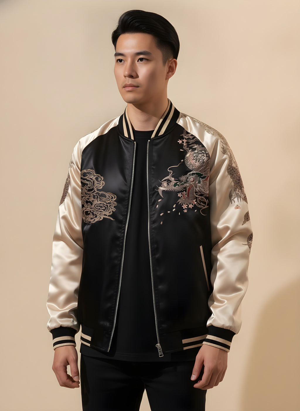 Classic Dragon Sukajan Jacket in Beige, side view on model