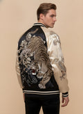 Dragon vs Tiger Raglan Sukajan Jacket in Cream, back view on model