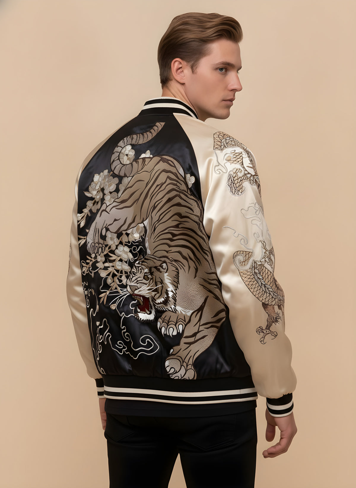 Dragon vs Tiger Raglan Sukajan Jacket in Cream, back view on model
