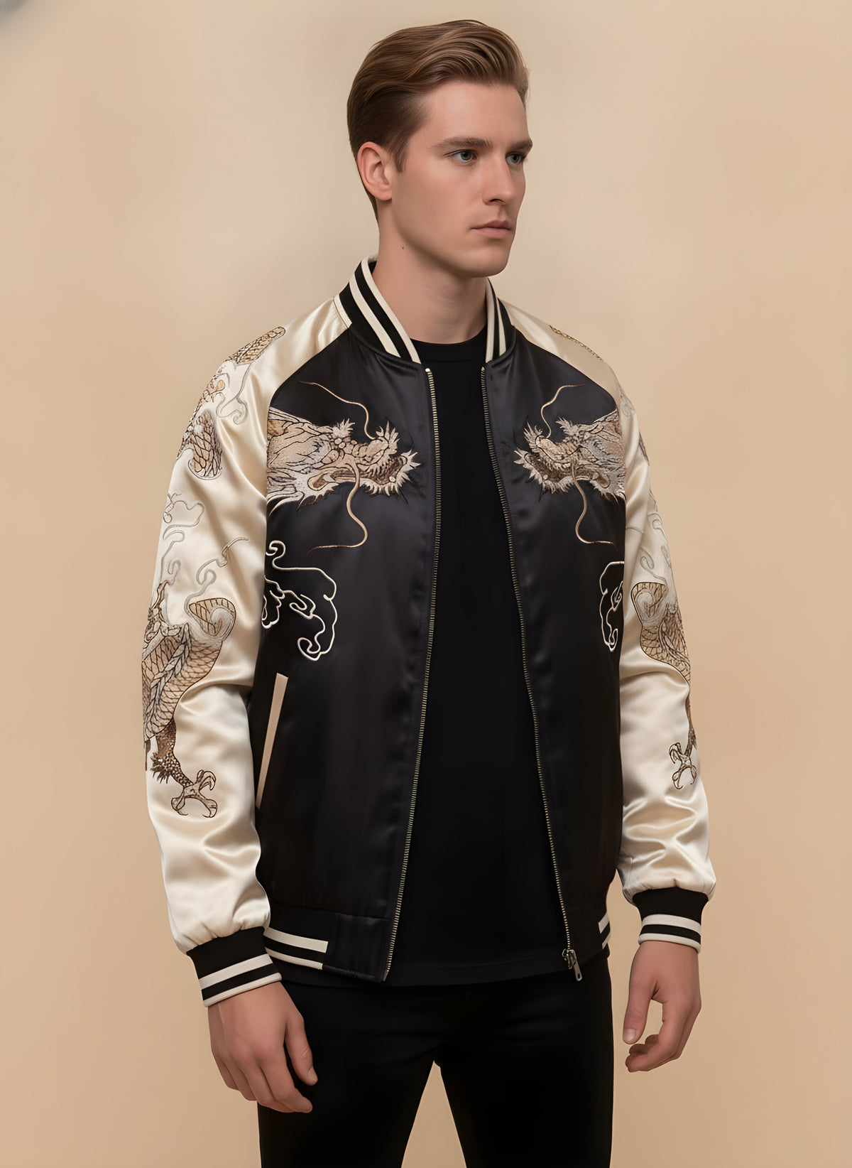 Dragon vs Tiger Raglan Sukajan Jacket in Cream, side view on model