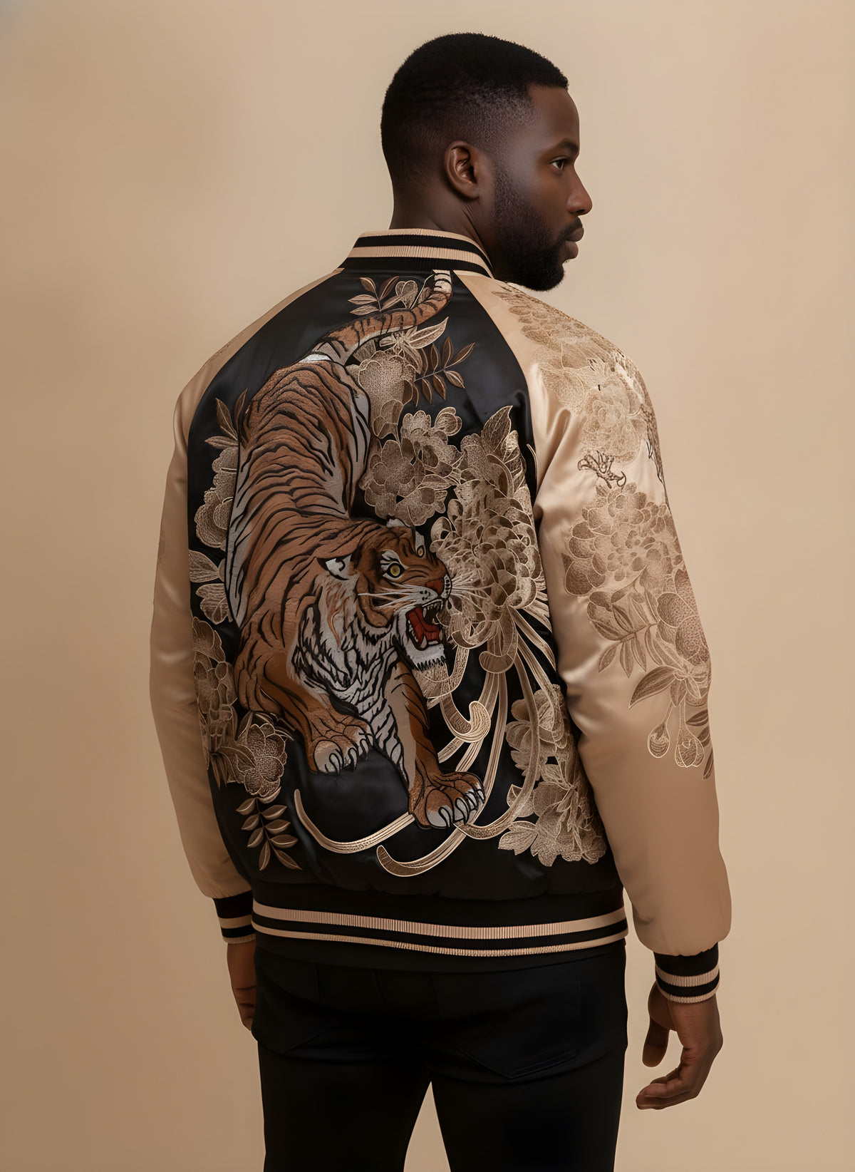 Dragon & Tiger Embroidered Bomber Jacket in Champagne, back view on model